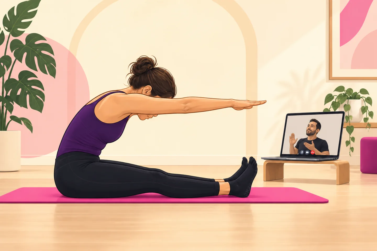 Escena cartoon de una clase personalizada de Pilates Mat por videollamada.