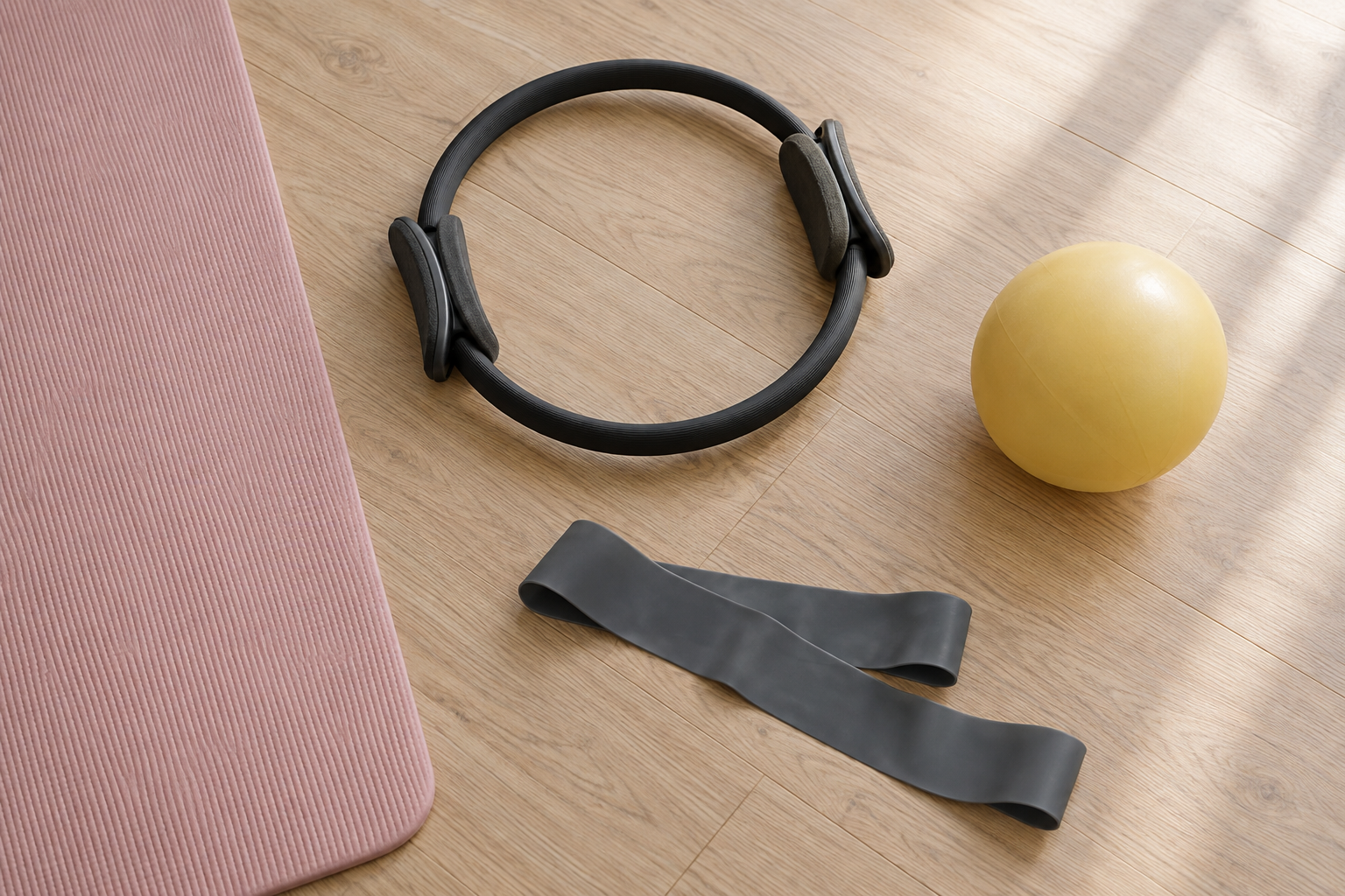Aro de Pilates, pelota amarilla y banda elástica junto a una colchoneta rosa.