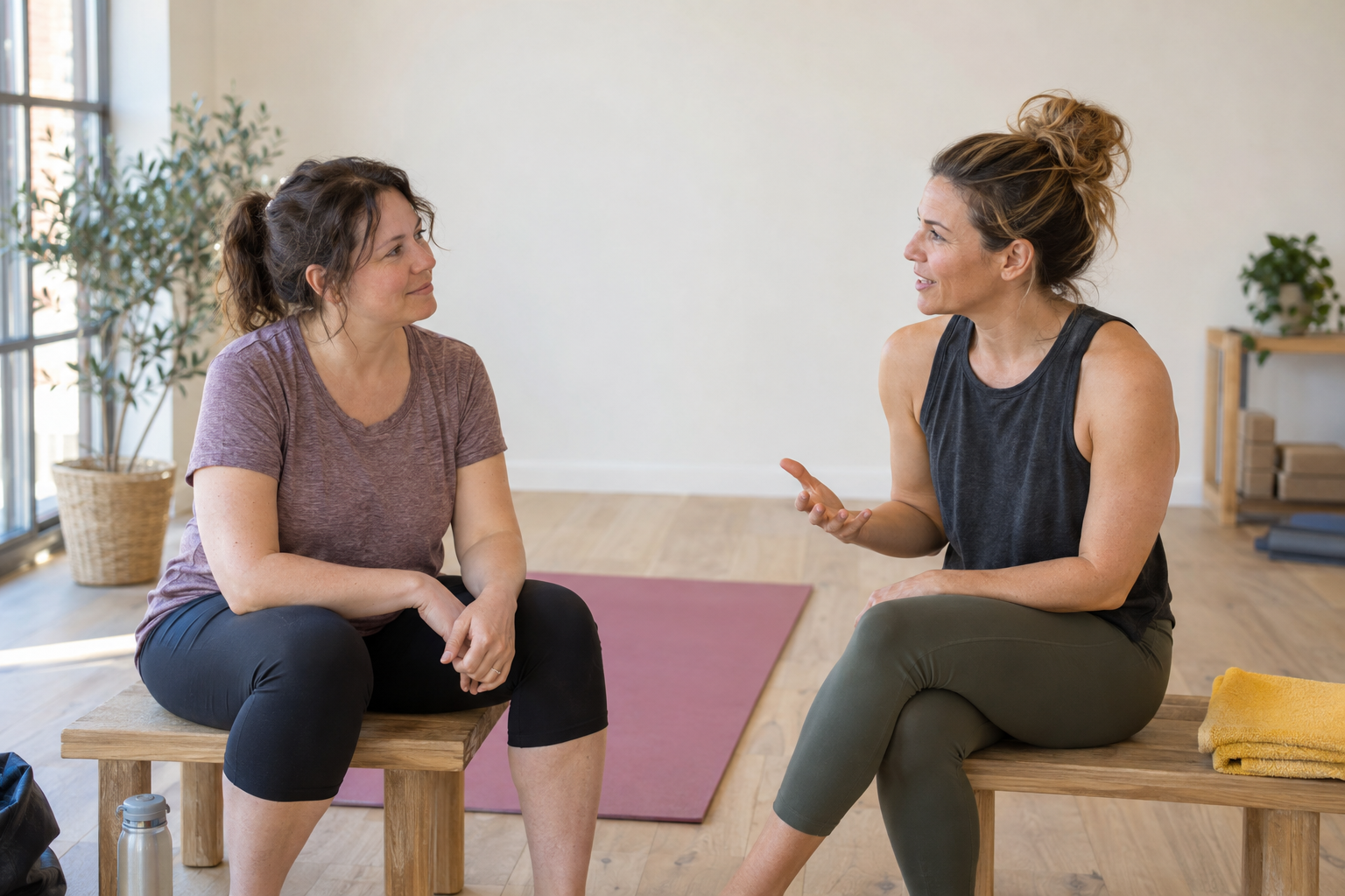 Dos mujeres conversan sentadas junto a una colchoneta en un estudio de Pilates.